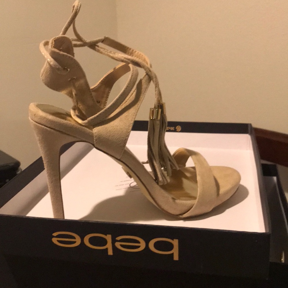 Bebe Kay Natural Nude Tan Strappy lace up heels 7